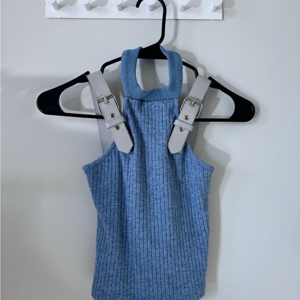 Blue Ribbed Halter Top with Buckle Straps